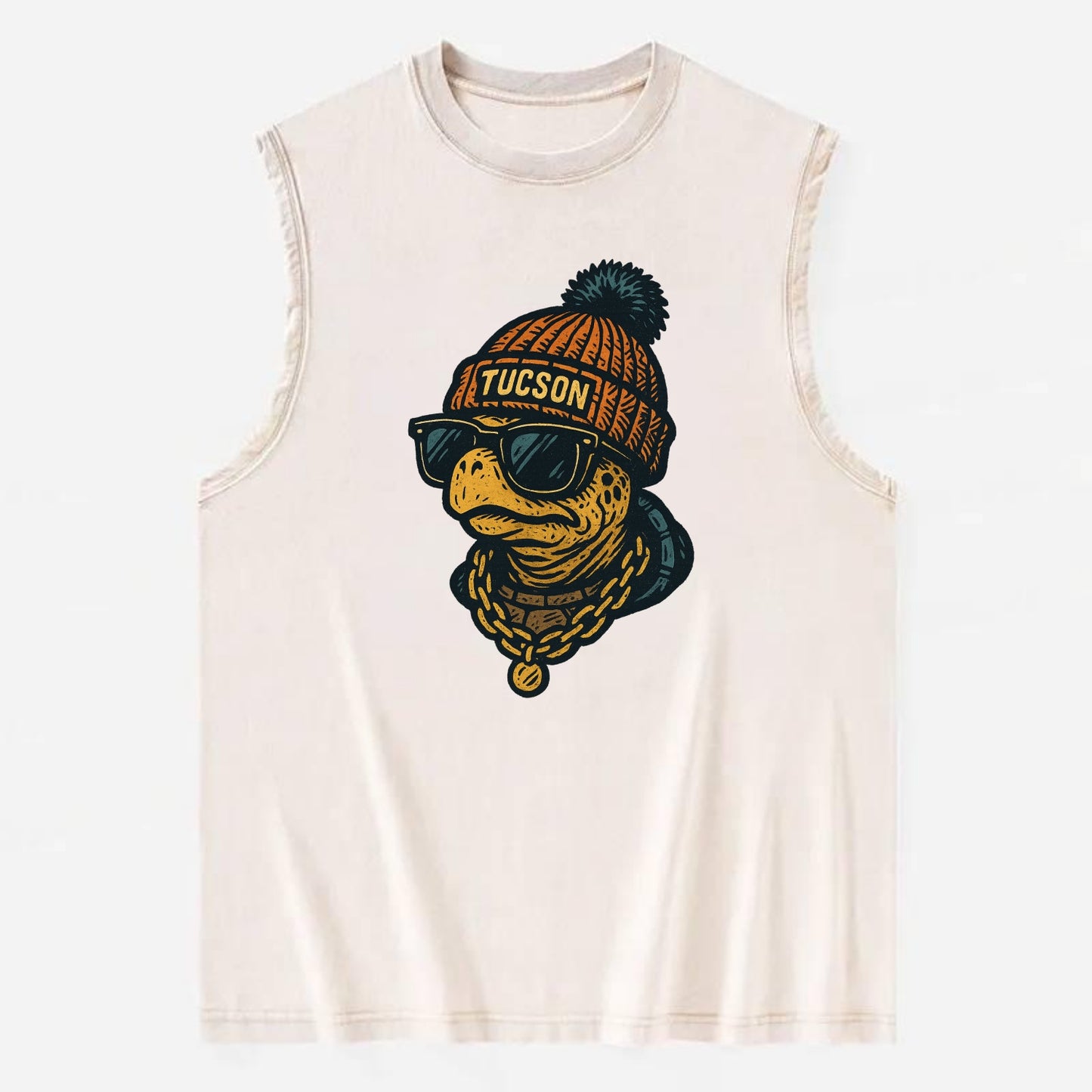 Tucson Desert Tortoise wearing Tucson beanie with pom pom and wayfarer - Vintage Washed Tank - Beige