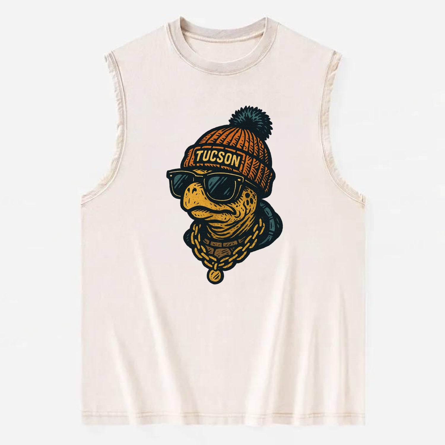 Tucson Desert Tortoise wearing Tucson beanie with pom pom and wayfarer - Vintage Washed Tank - Beige