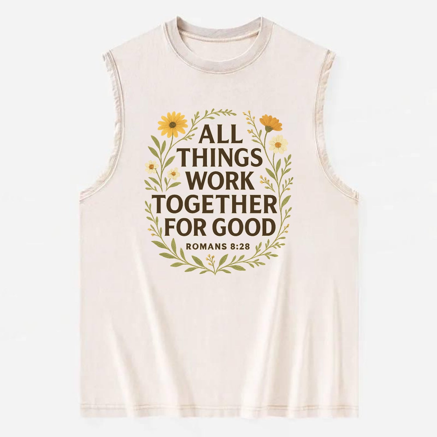 Romans 8:28 Flowers - Vintage Washed Tank - Beige