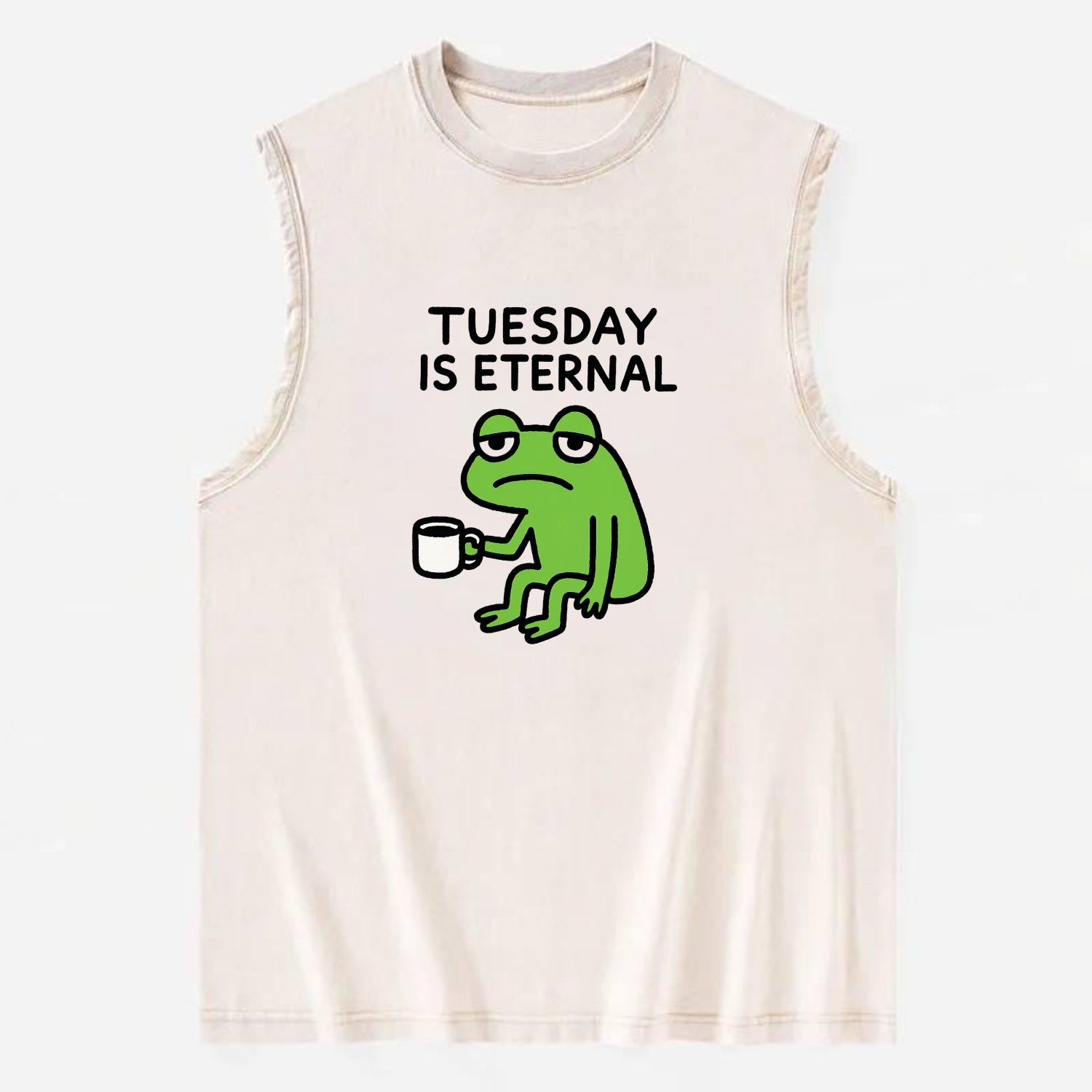 TUESDAY IS ETERNAL | Tired frog with coffee cup - Vintage Washed Tank - Beige