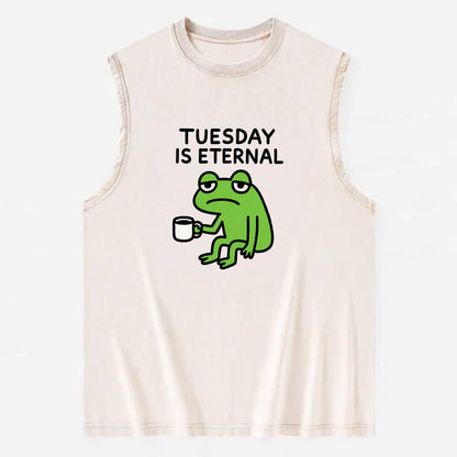 TUESDAY IS ETERNAL | Tired frog with coffee cup - Vintage Washed Tank - Beige
