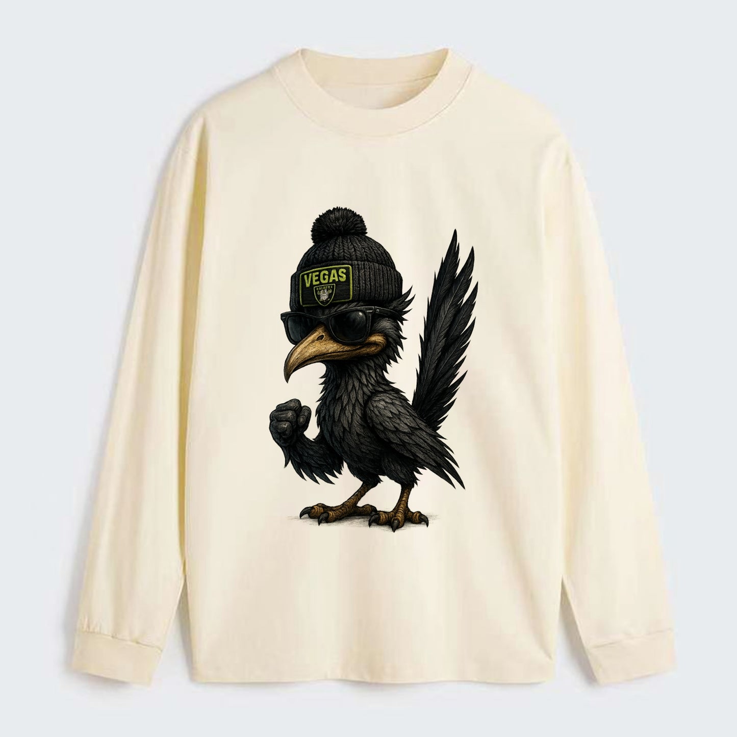 Vegas Roadrunner wearing Raiders beanie with neon patch and wayfarer - Classic Long Sleeve Shirt - Beige