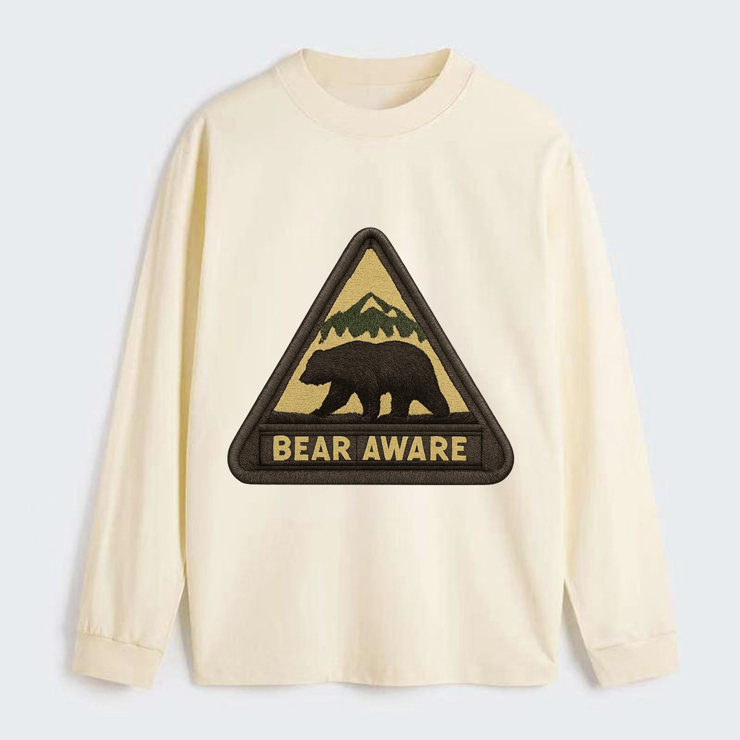 BEAR AWARE - bear silhouette warning in brown and yellow , wilderness - Classic Long Sleeve Shirt - Beige