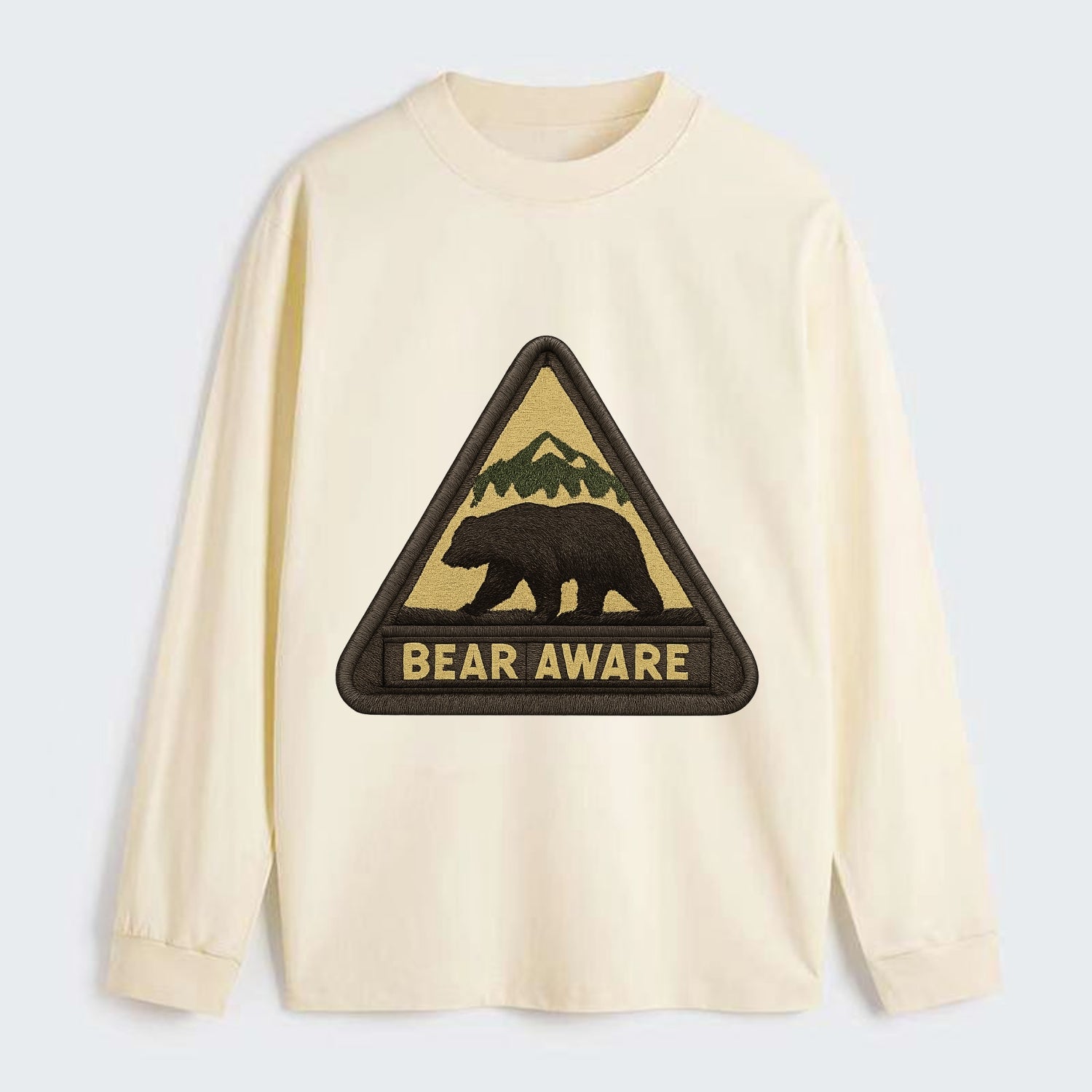 BEAR AWARE - bear silhouette warning in brown and yellow , wilderness - Classic Long Sleeve Shirt - Beige