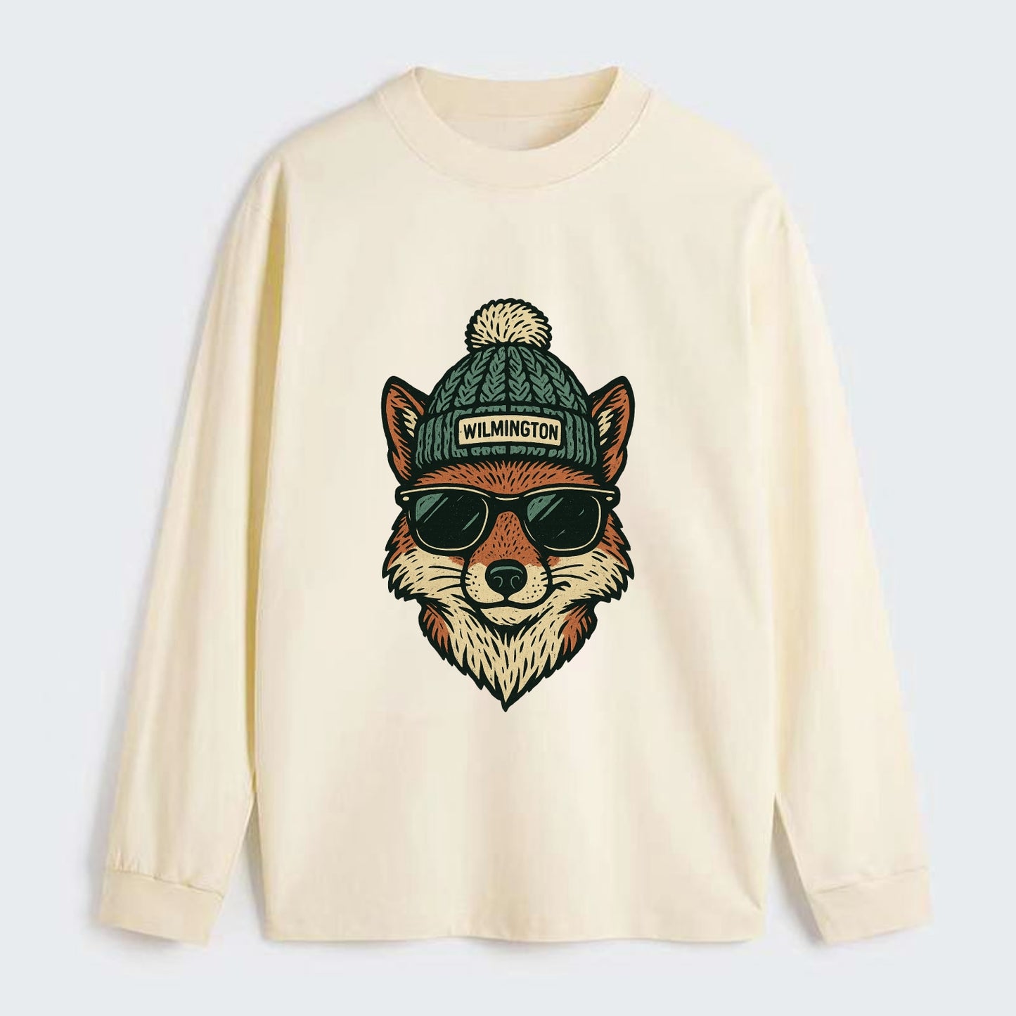 Delaware Gray Fox wearing Wilmington beanie with pom pom and wayfarer - Classic Long Sleeve Shirt - Beige