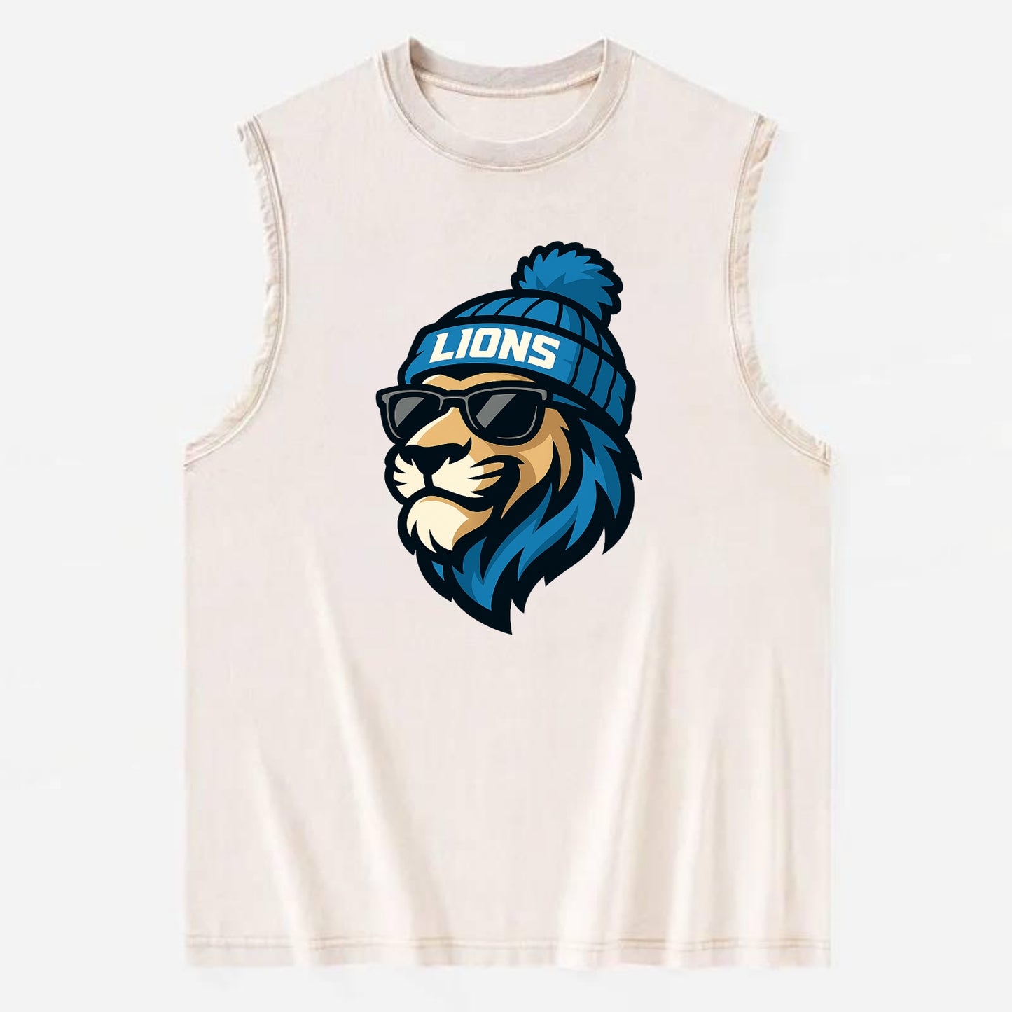 Detroit Lion wearing Lions Honolulu blue and silver beanie with pom pom and - Vintage Washed Tank - Beige