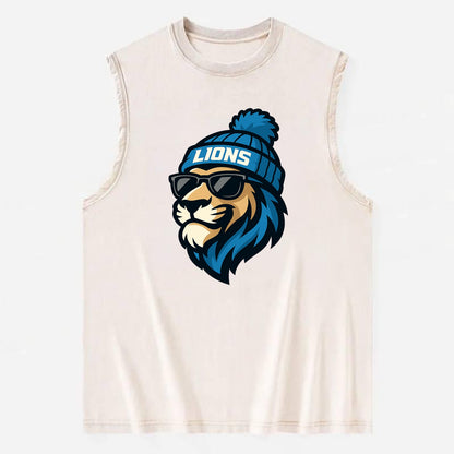 Detroit Lion wearing Lions Honolulu blue and silver beanie with pom pom and - Vintage Washed Tank - Beige