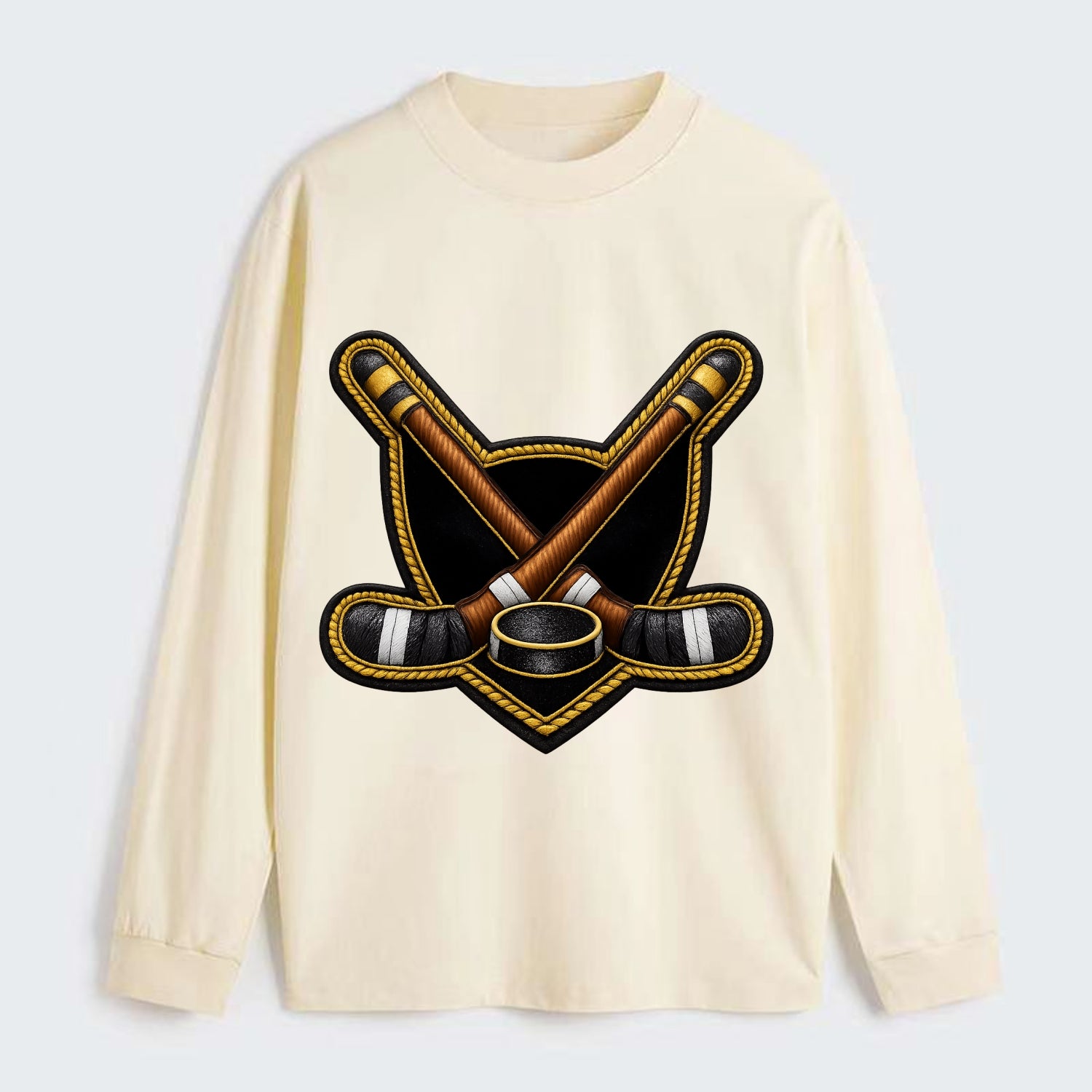 Embroidered patch design - HOCKEY CROSSED STICKS - ice hockey sticks - Classic Long Sleeve Shirt - Beige