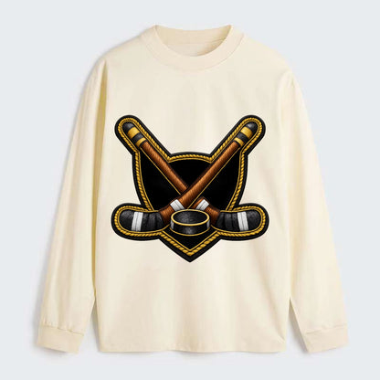 Embroidered patch design - HOCKEY CROSSED STICKS - ice hockey sticks - Classic Long Sleeve Shirt - Beige