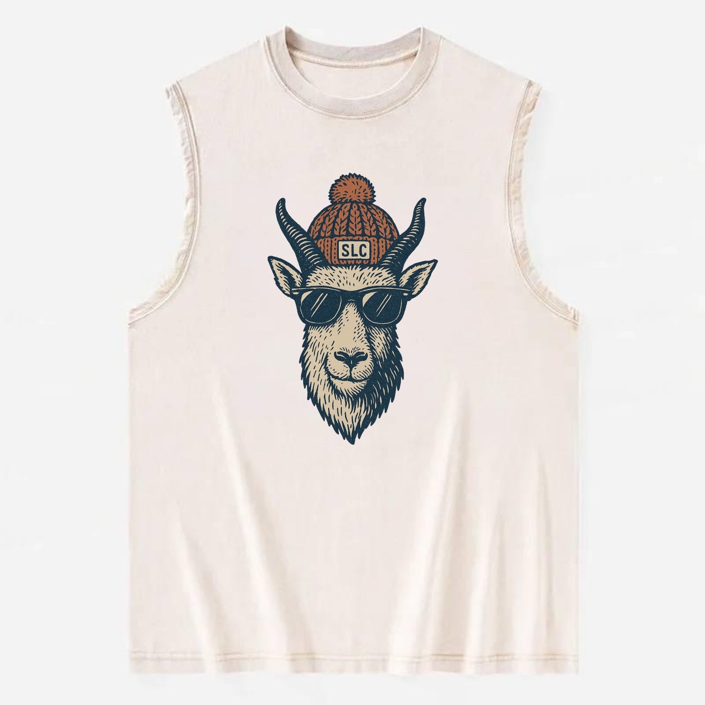 Salt Lake City Mountain Goat wearing SLC beanie with pom pom and wayfarer - Vintage Washed Tank - Beige