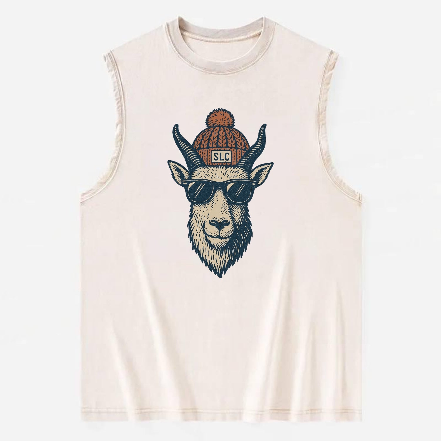 Salt Lake City Mountain Goat wearing SLC beanie with pom pom and wayfarer - Vintage Washed Tank - Beige