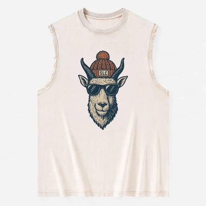 Salt Lake City Mountain Goat wearing SLC beanie with pom pom and wayfarer - Vintage Washed Tank - Beige