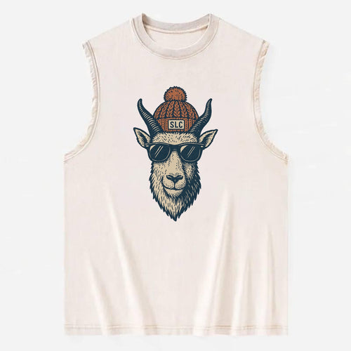 Salt Lake City Mountain Goat wearing SLC beanie with pom pom and wayfarer - Vintage Washed Tank