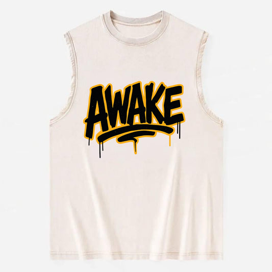 Bold typography design - "AWAKE" - conscious, aware, alert - Vintage Washed Tank - Beige