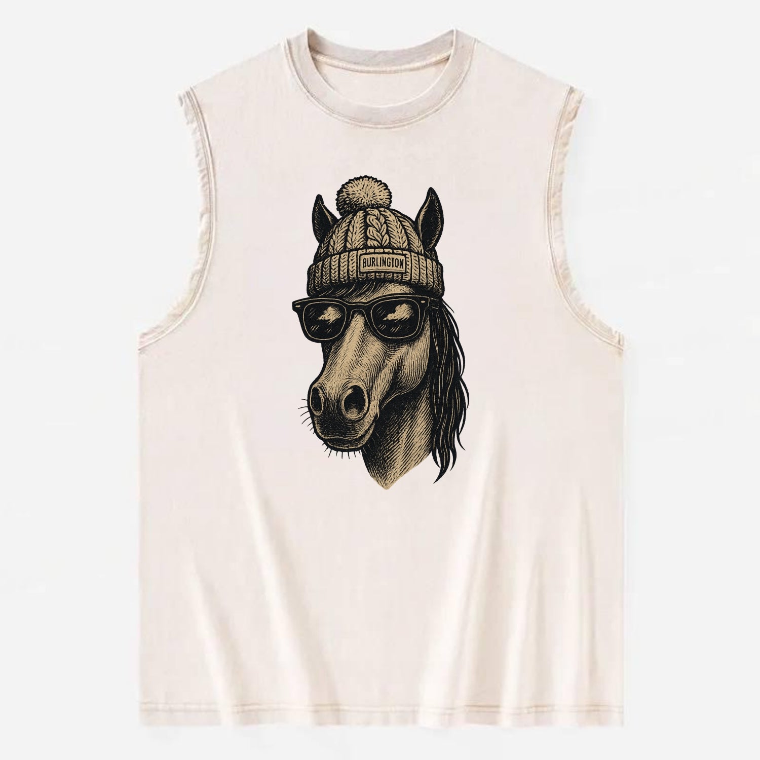 Vermont Morgan Horse wearing Burlington beanie with pom pom and wayfarer - Vintage Washed Tank - Beige