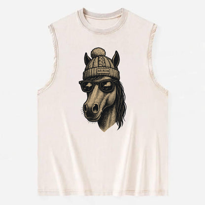 Vermont Morgan Horse wearing Burlington beanie with pom pom and wayfarer - Vintage Washed Tank - Beige