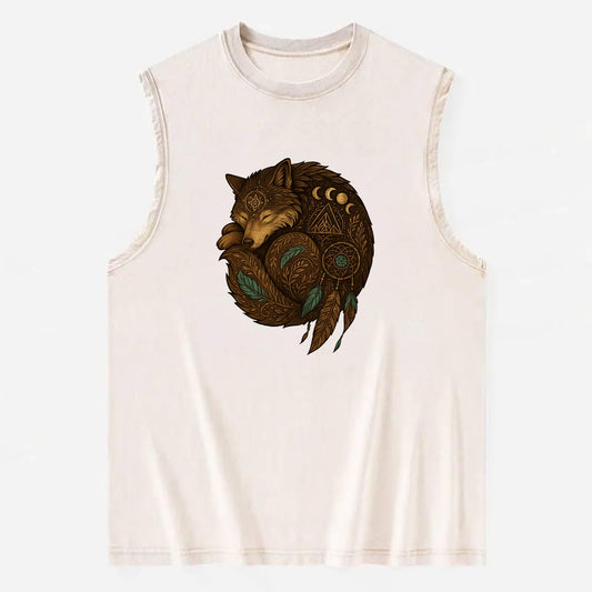 Sleeping Wolf Peace  - Vintage Washed Tank - Beige