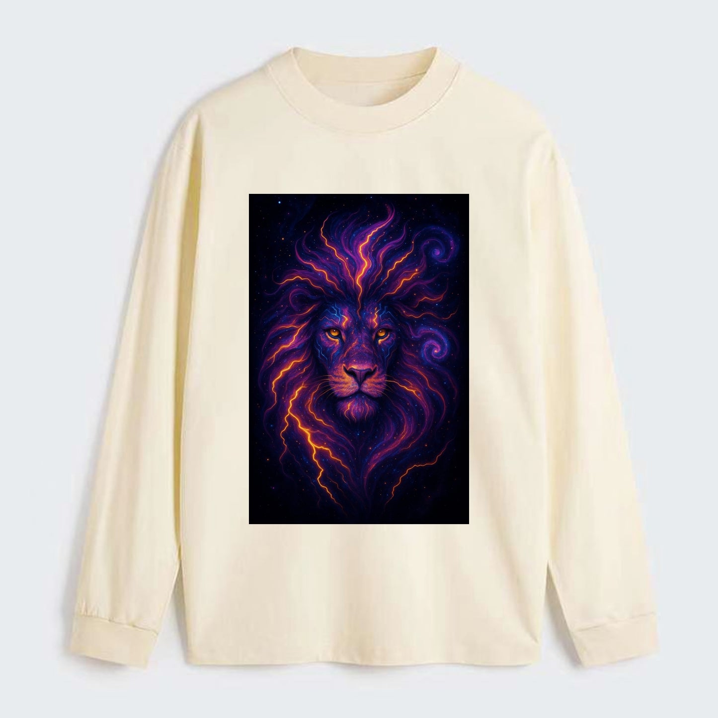 Regal lion with mane made of electric currents, neon yellow and hot - Classic Long Sleeve Shirt - Beige