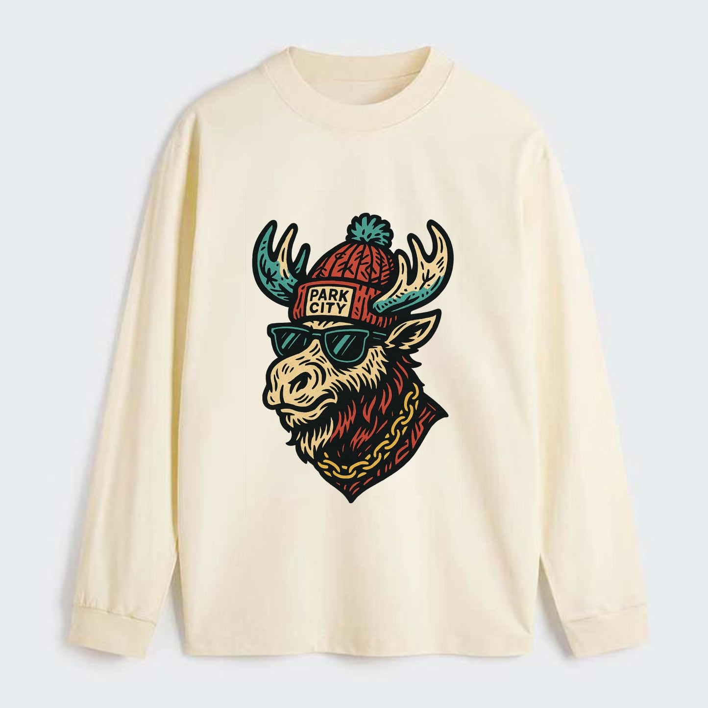 Park City Moose wearing Park City beanie with pom pom and wayfarer - Classic Long Sleeve Shirt - Beige