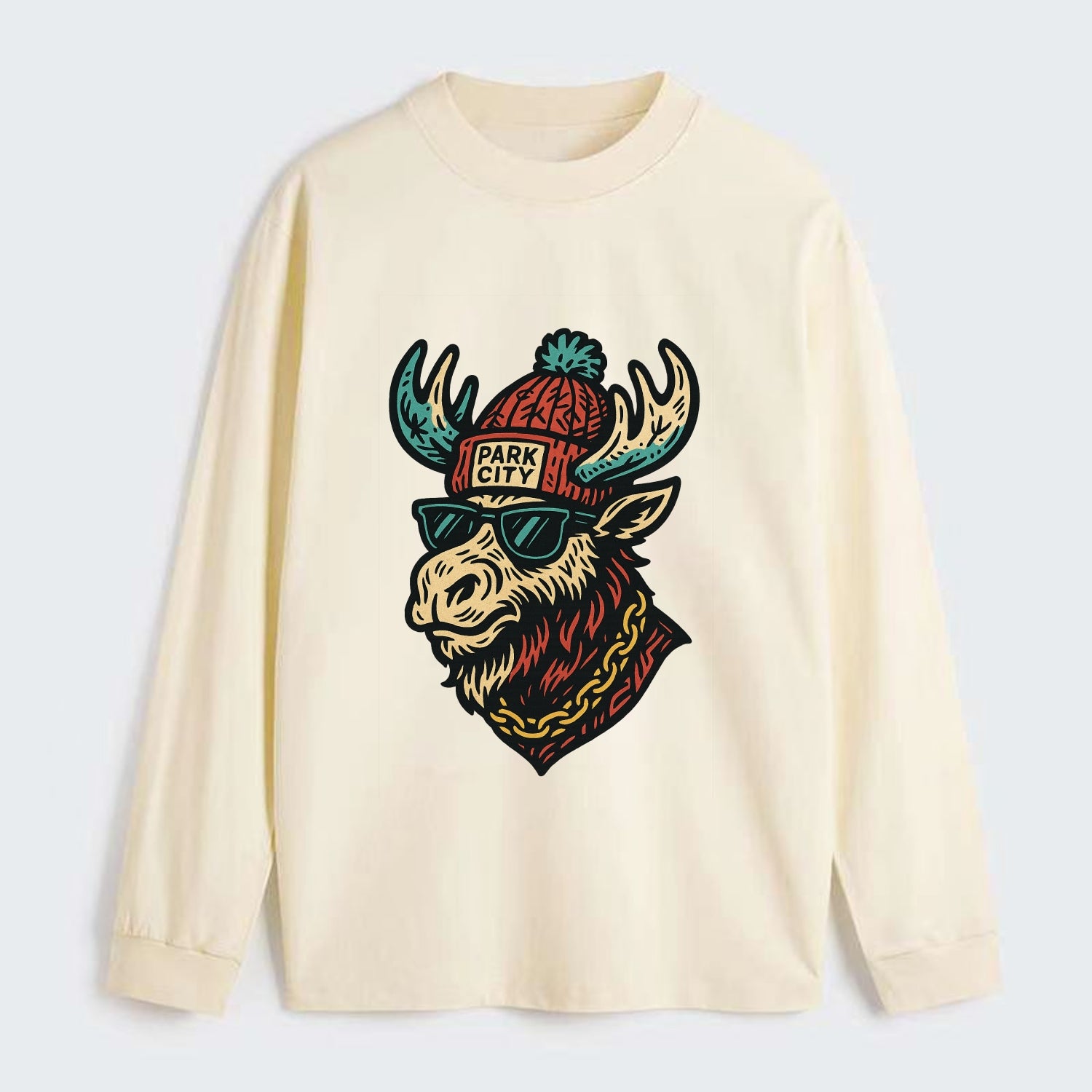 Park City Moose wearing Park City beanie with pom pom and wayfarer - Classic Long Sleeve Shirt - Beige