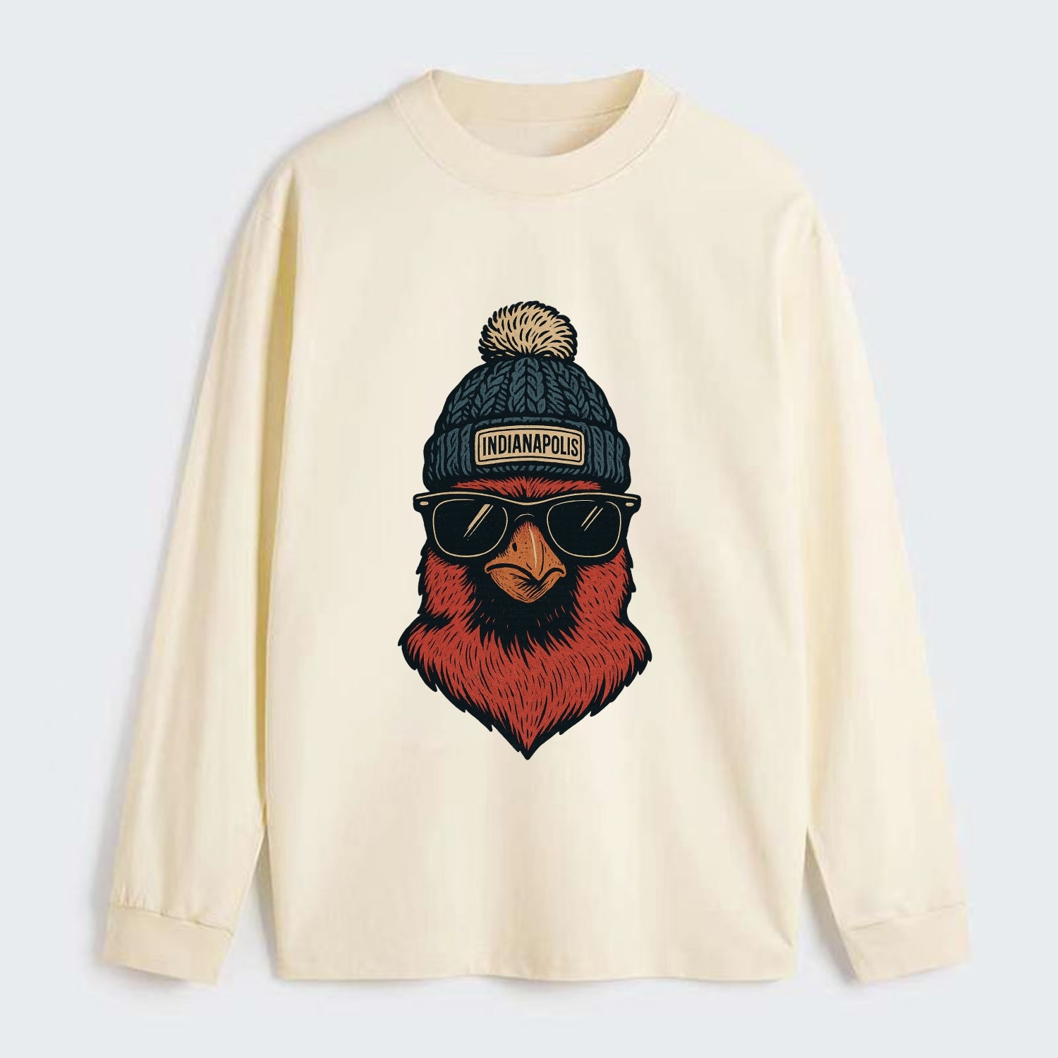 Indiana Cardinal wearing Indianapolis beanie with pom pom and wayfarer - Classic Long Sleeve Shirt - Beige