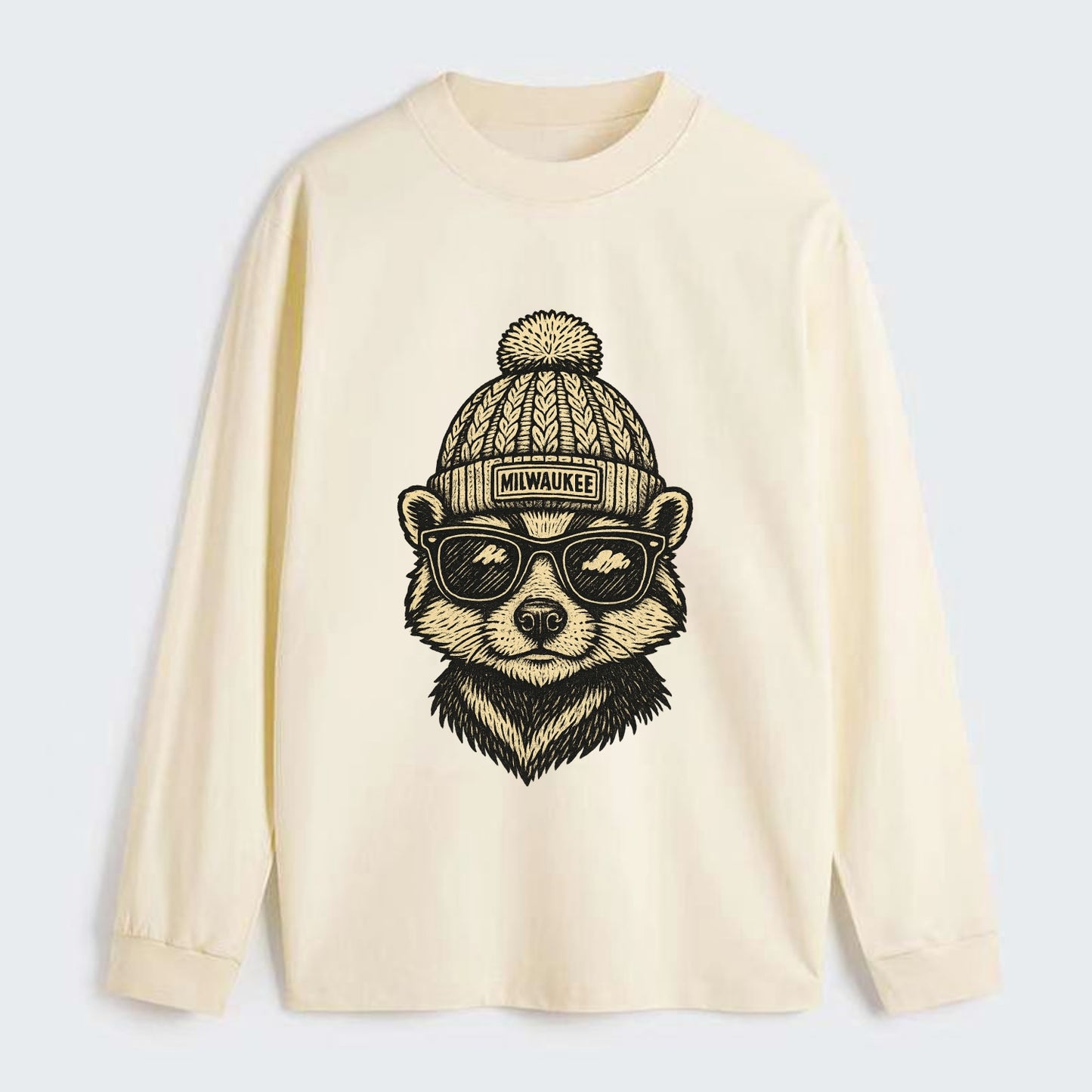 Wisconsin Badger wearing Milwaukee beanie with pom pom and wayfarer - Classic Long Sleeve Shirt - Beige