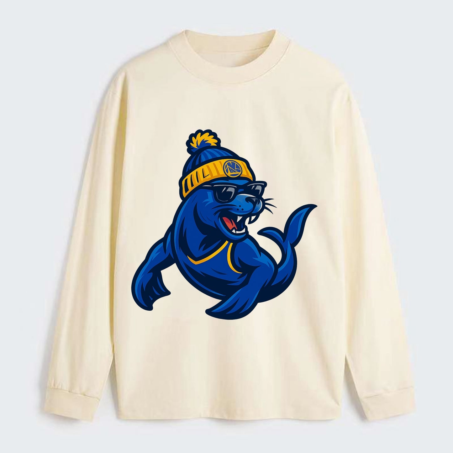 Bay Area Sea Lion wearing Warriors blue and gold beanie with Golden - Classic Long Sleeve Shirt - Beige
