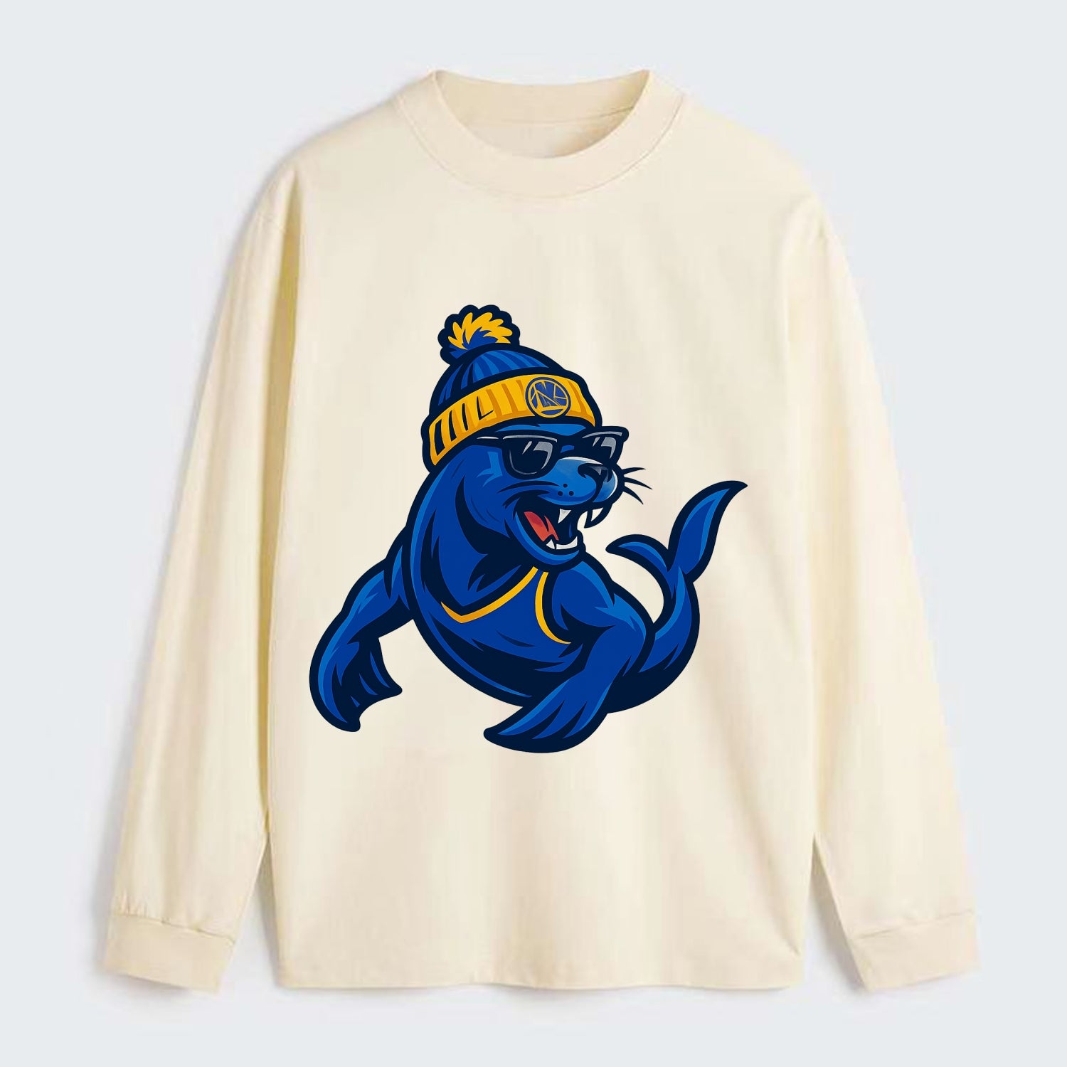 Bay Area Sea Lion wearing Warriors blue and gold beanie with Golden - Classic Long Sleeve Shirt - Beige