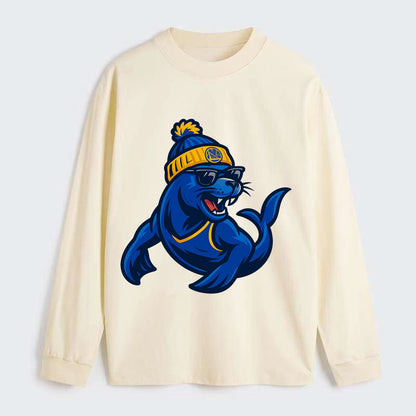 Bay Area Sea Lion wearing Warriors blue and gold beanie with Golden - Classic Long Sleeve Shirt - Beige