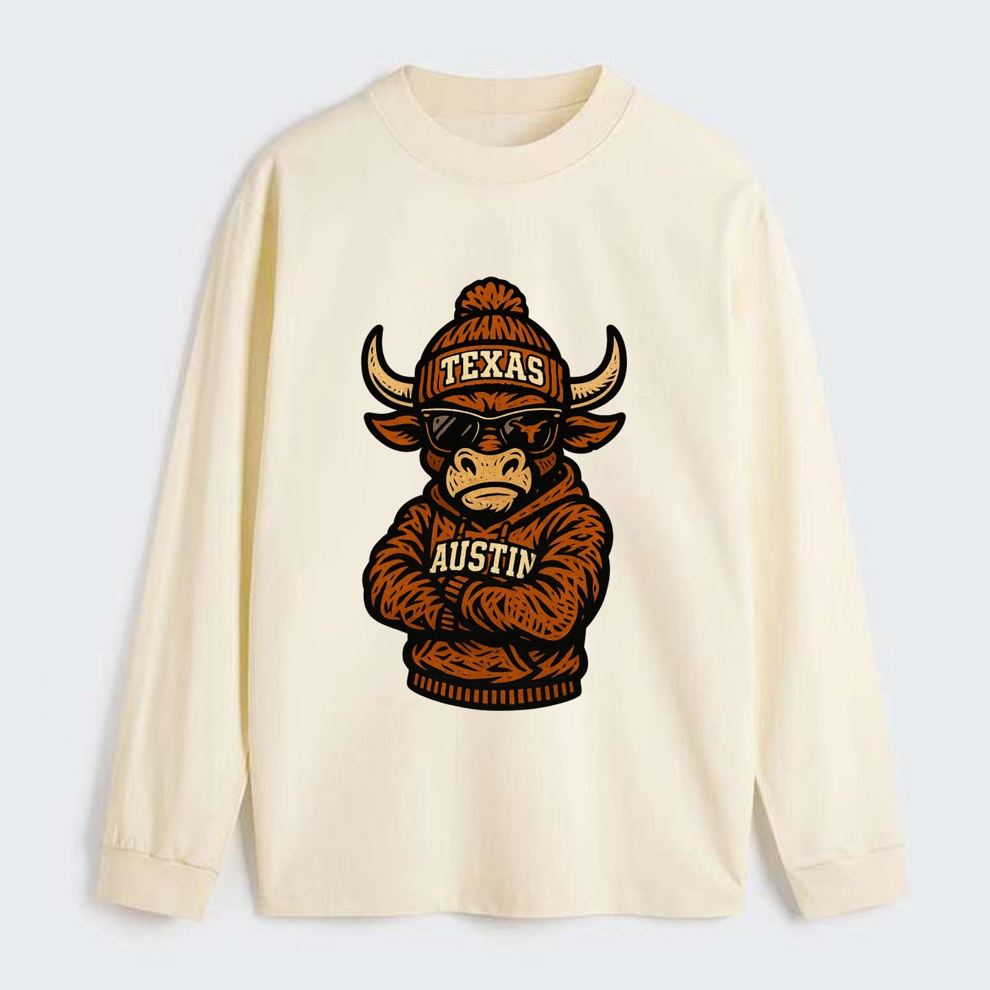 Austin Bevo wearing Texas beanie with longhorn patch - Classic Long Sleeve Shirt - Beige