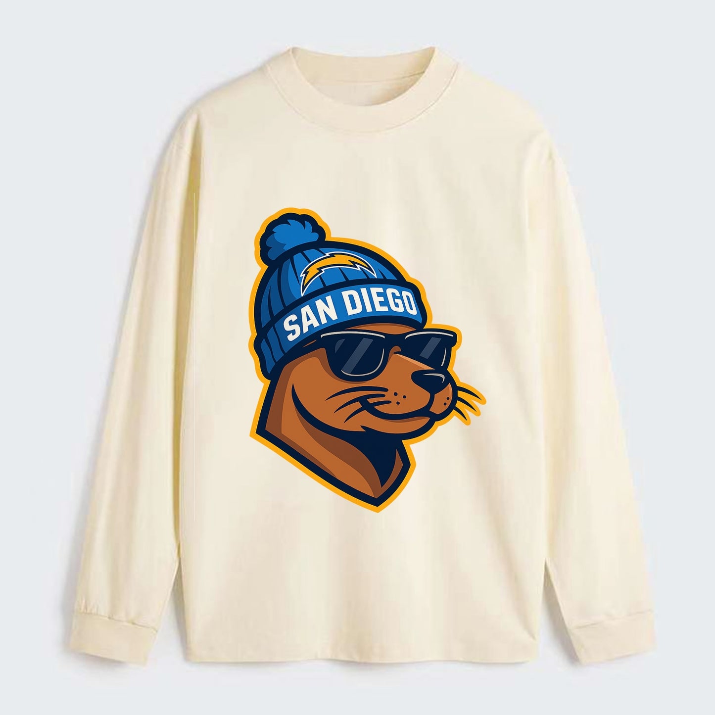 San Diego Sea Lion wearing Chargers beanie with bolt patch and wayfarer - Classic Long Sleeve Shirt - Beige