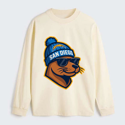San Diego Sea Lion wearing Chargers beanie with bolt patch and wayfarer - Classic Long Sleeve Shirt - Beige