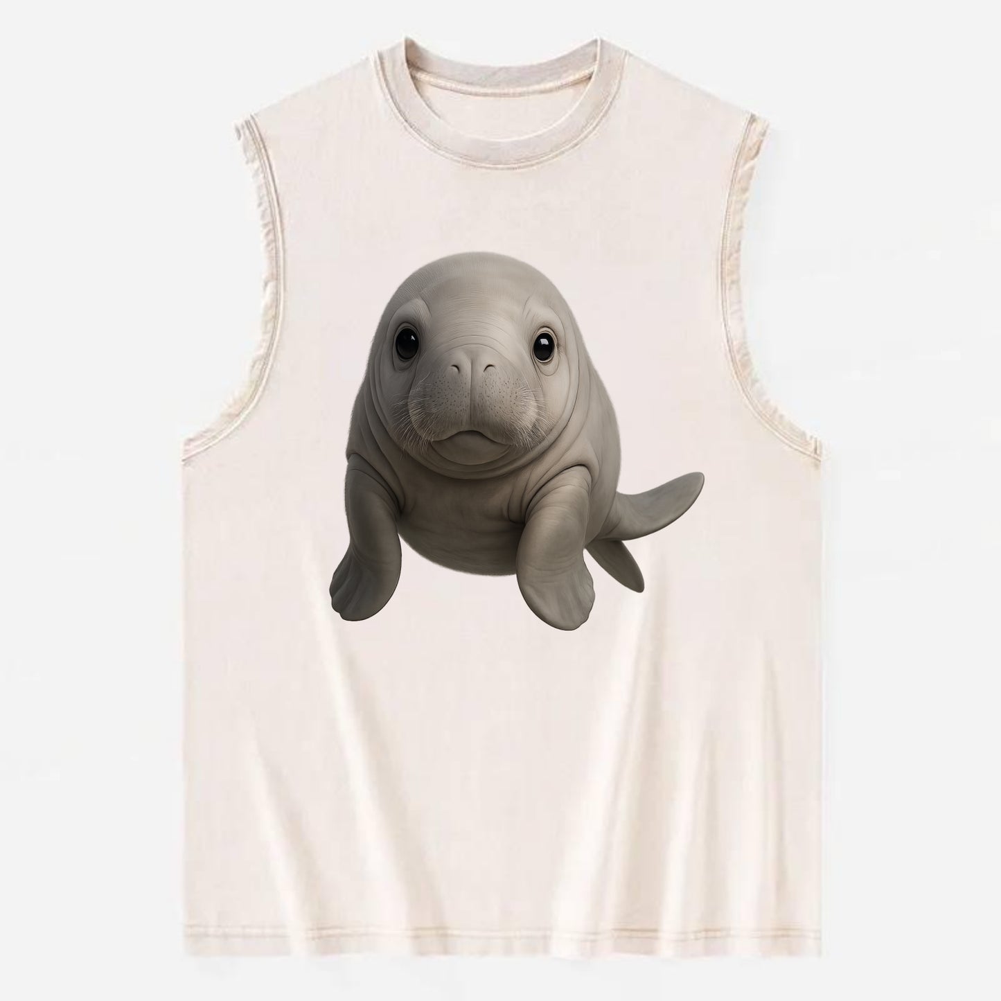Baby Dugong - gray with paddle tail, gentle expression, whiskers, - Vintage Washed Tank - Beige