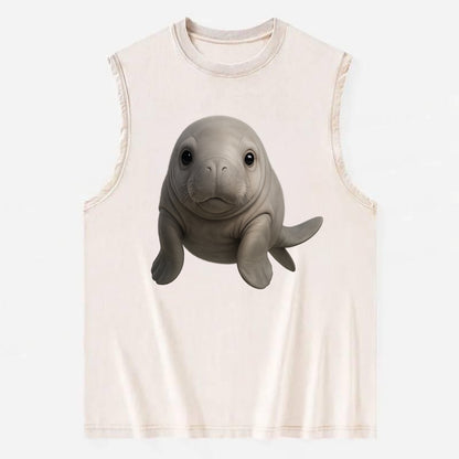 Baby Dugong - gray with paddle tail, gentle expression, whiskers, - Vintage Washed Tank - Beige