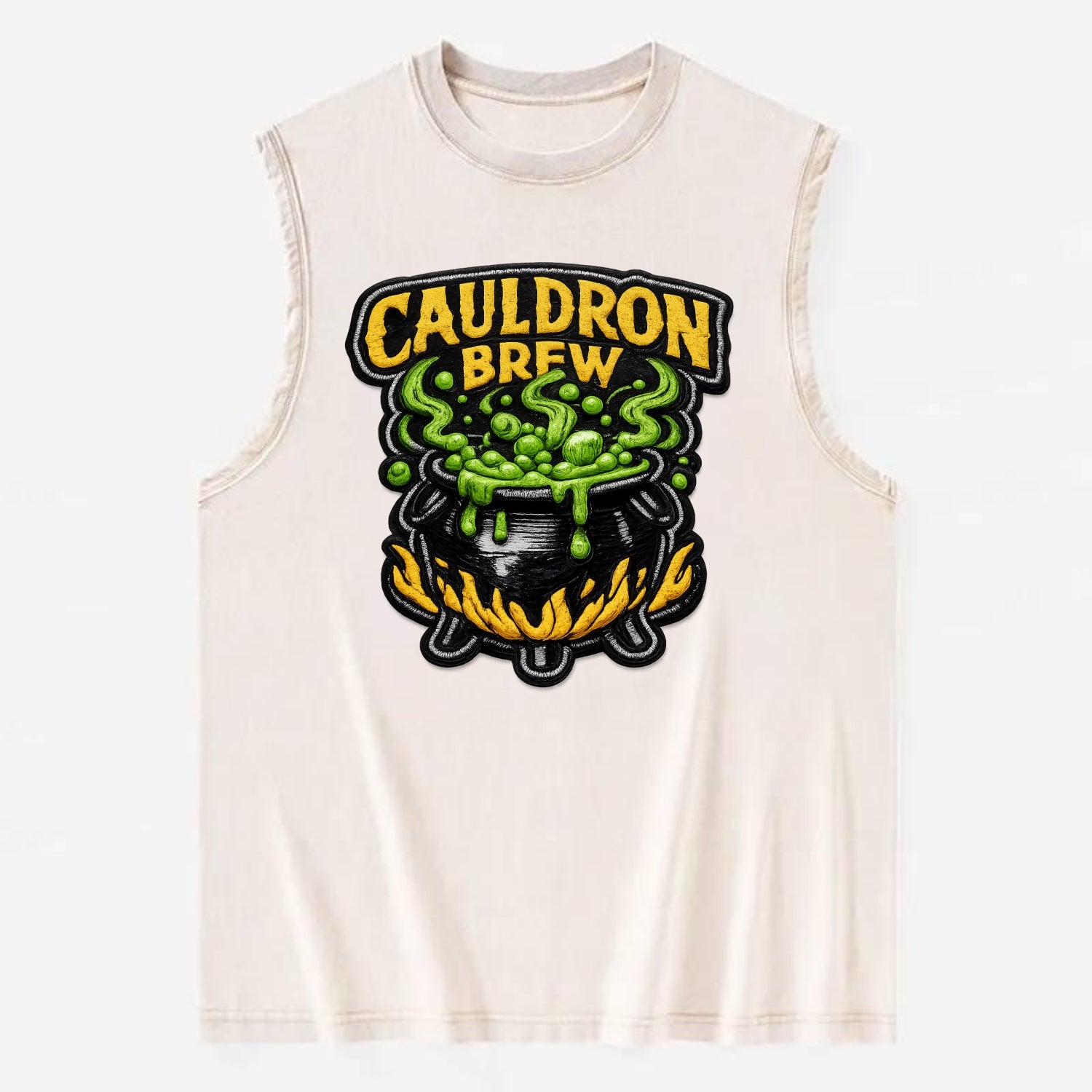 CAULDRON BREW - bubbling pot in black and green , witch craft - Vintage Washed Tank - Beige