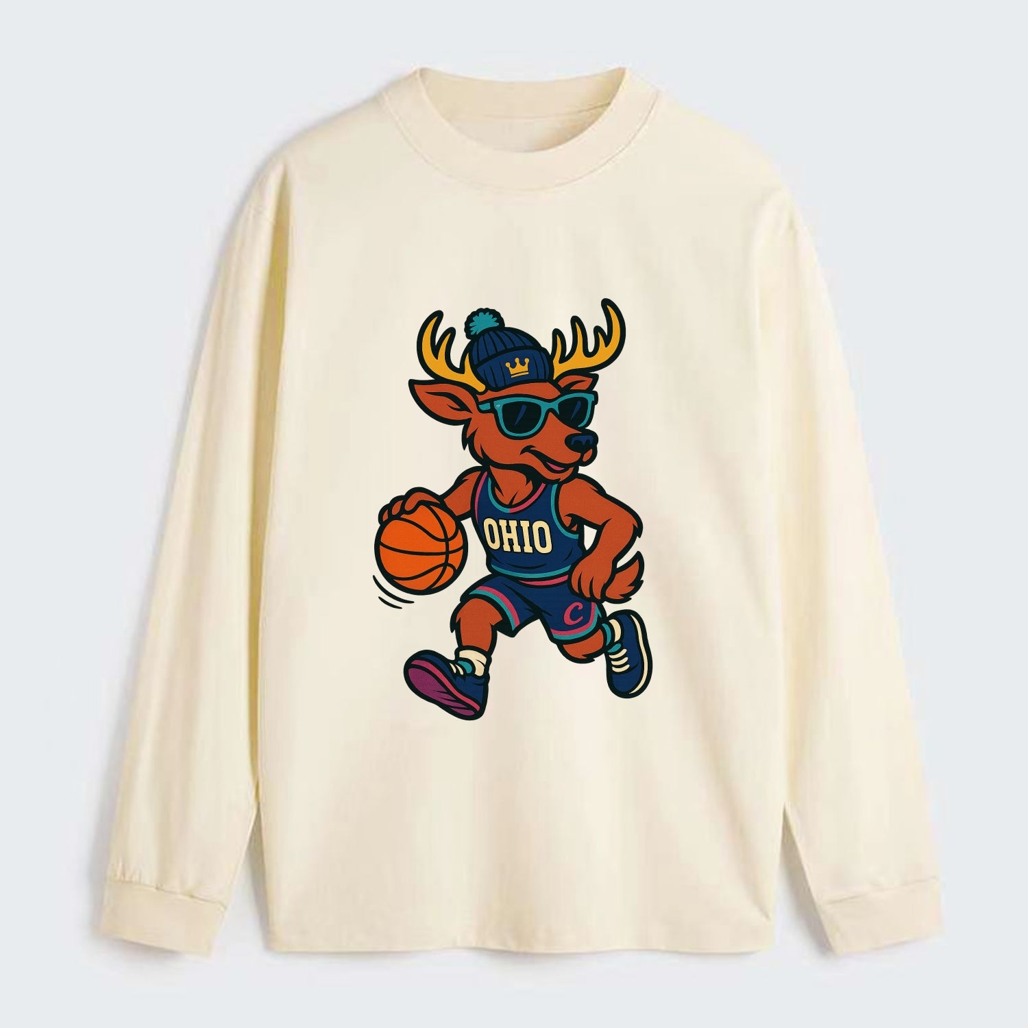 Ohio Deer wearing Cavs beanie with crown patch and wayfarer sunglasses - Classic Long Sleeve Shirt - Beige