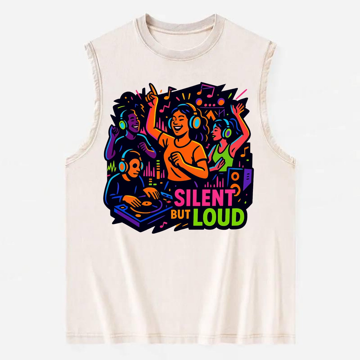 Silent disco dancers with glowing headphones - "Silent But Loud" - unique - Vintage Washed Tank - Beige