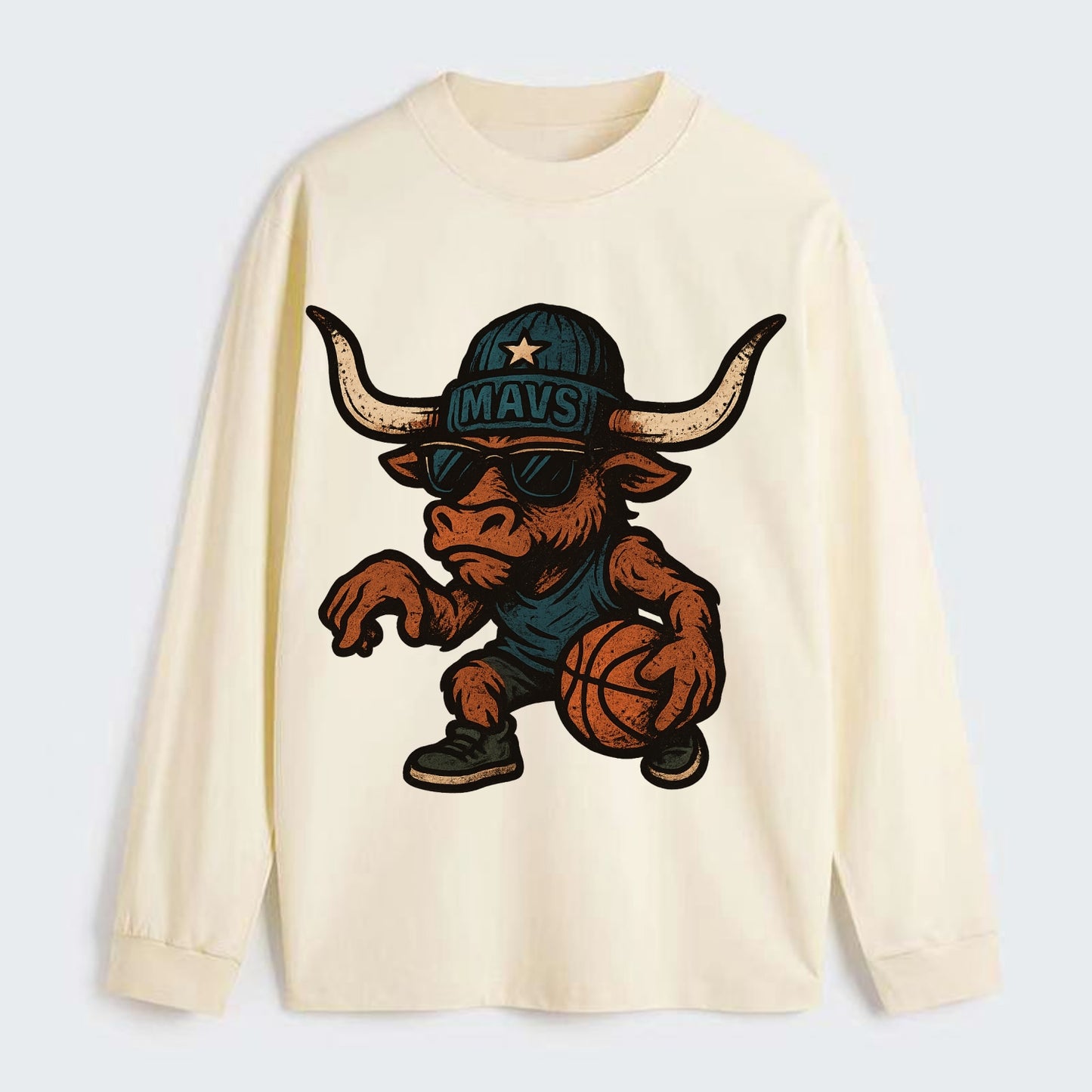 Texas Longhorn wearing Mavs beanie with lone star patch and wayfarer - Classic Long Sleeve Shirt - Beige
