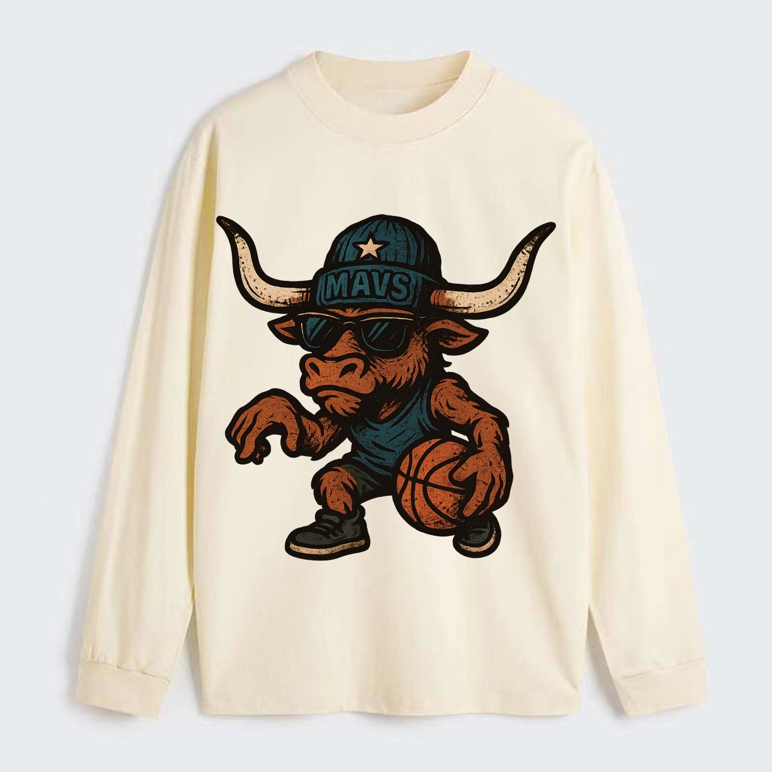 Texas Longhorn wearing Mavs beanie with lone star patch and wayfarer - Classic Long Sleeve Shirt - Beige