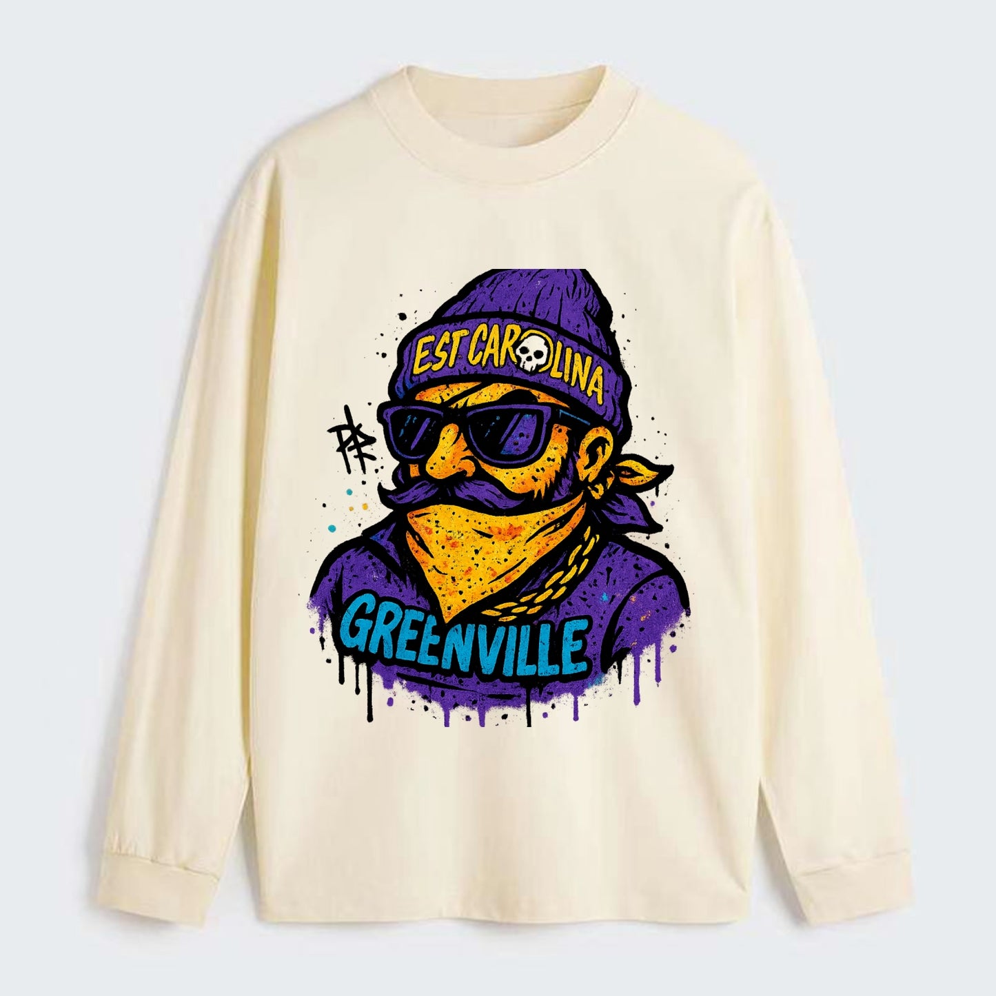 Greenville Pirate wearing East Carolina beanie with skull patch - Classic Long Sleeve Shirt - Beige