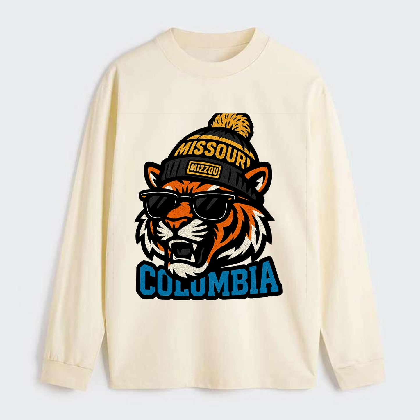 Columbia Tiger wearing Missouri beanie with Mizzou patch - Classic Long Sleeve Shirt - Beige