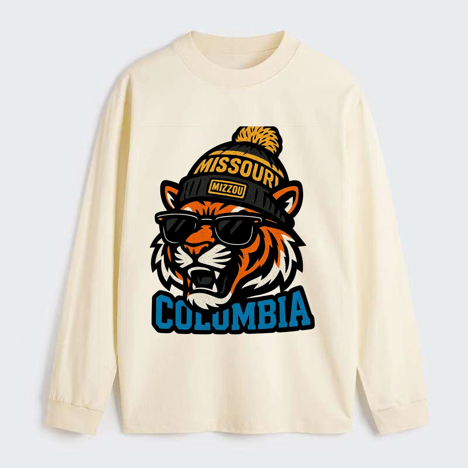 Columbia Tiger wearing Missouri beanie with Mizzou patch - Classic Long Sleeve Shirt - Beige