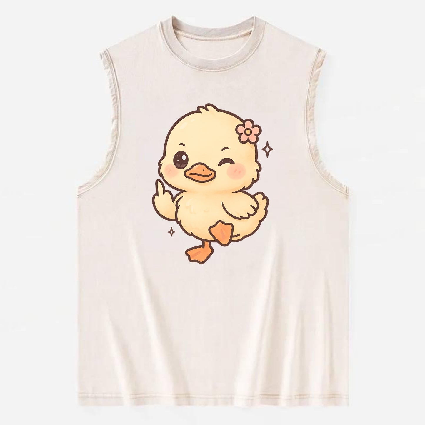 fluffy baby duck with small flower, one webbed foot raised sassily - Vintage Washed Tank - Beige