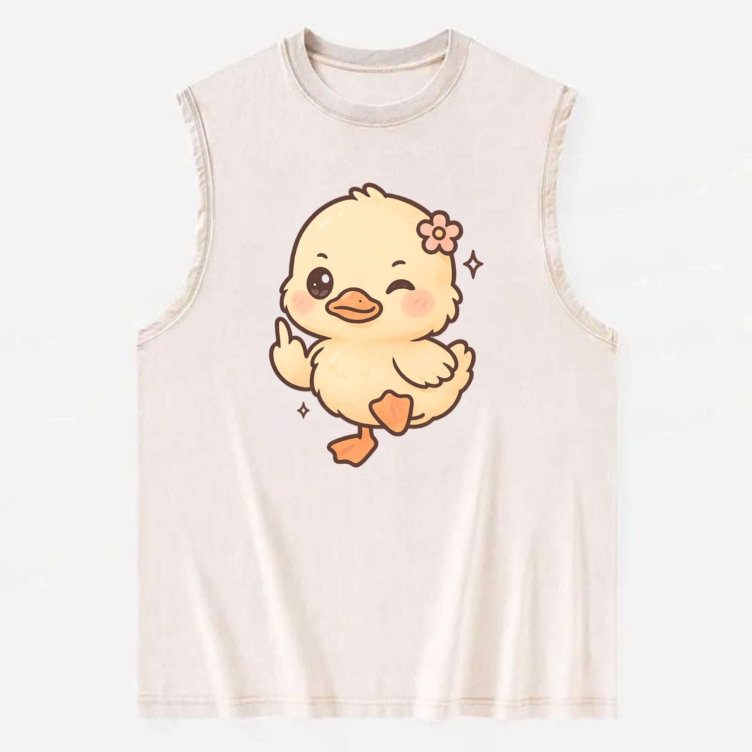 fluffy baby duck with small flower, one webbed foot raised sassily - Vintage Washed Tank - Beige