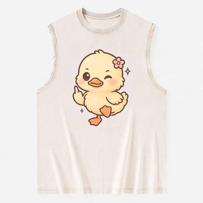 fluffy baby duck with small flower, one webbed foot raised sassily - Vintage Washed Tank - Beige