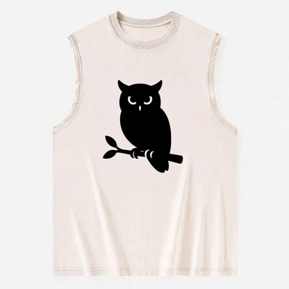 Owl perched on branch at night - Vintage Washed Tank - Beige