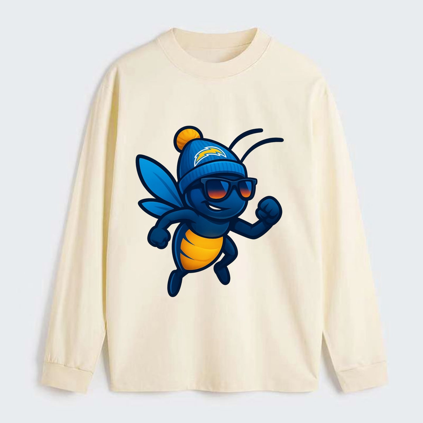 LA Lightning Bug wearing Chargers powder blue and gold beanie with pom - Classic Long Sleeve Shirt - Beige