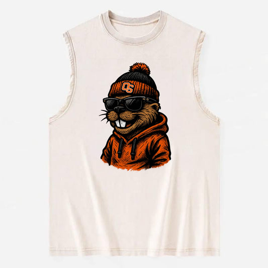Corvallis Beaver wearing Oregon State beanie with OS patch - Vintage Washed Tank - Beige