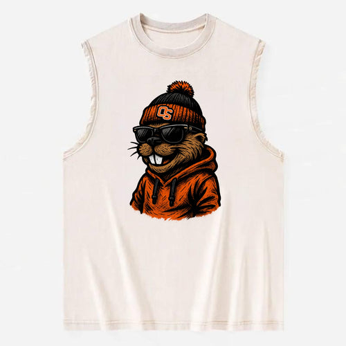 Corvallis Beaver wearing Oregon State beanie with OS patch - Vintage Washed Tank