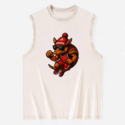 Houston Armadillo wearing Rockets red and silver beanie with rocket ship and - Vintage Washed Tank - Beige